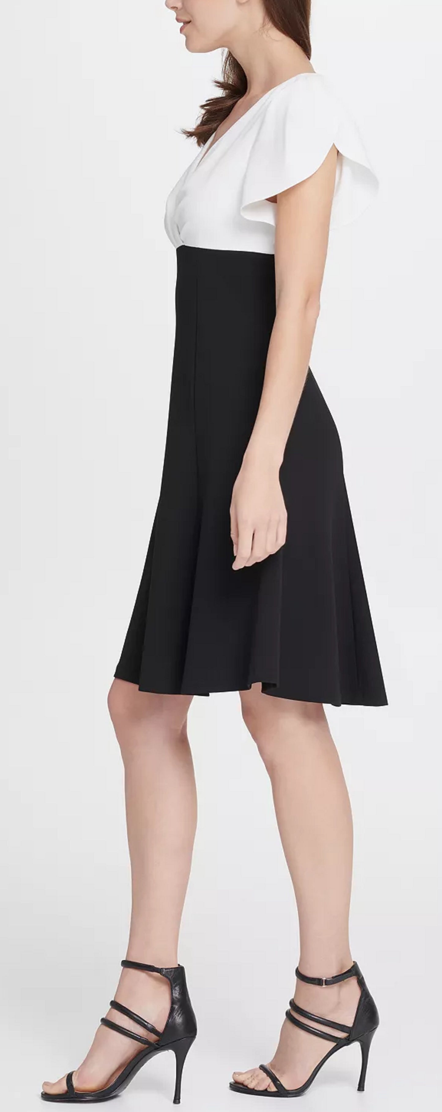 DKNY Women's Colorblock Tulip Sleeve Fit Flare Dress Black/White Size 12