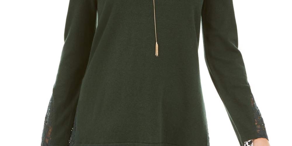 Style & Co Women's Lace TrimLong Sleeve Top  Green Size PXL