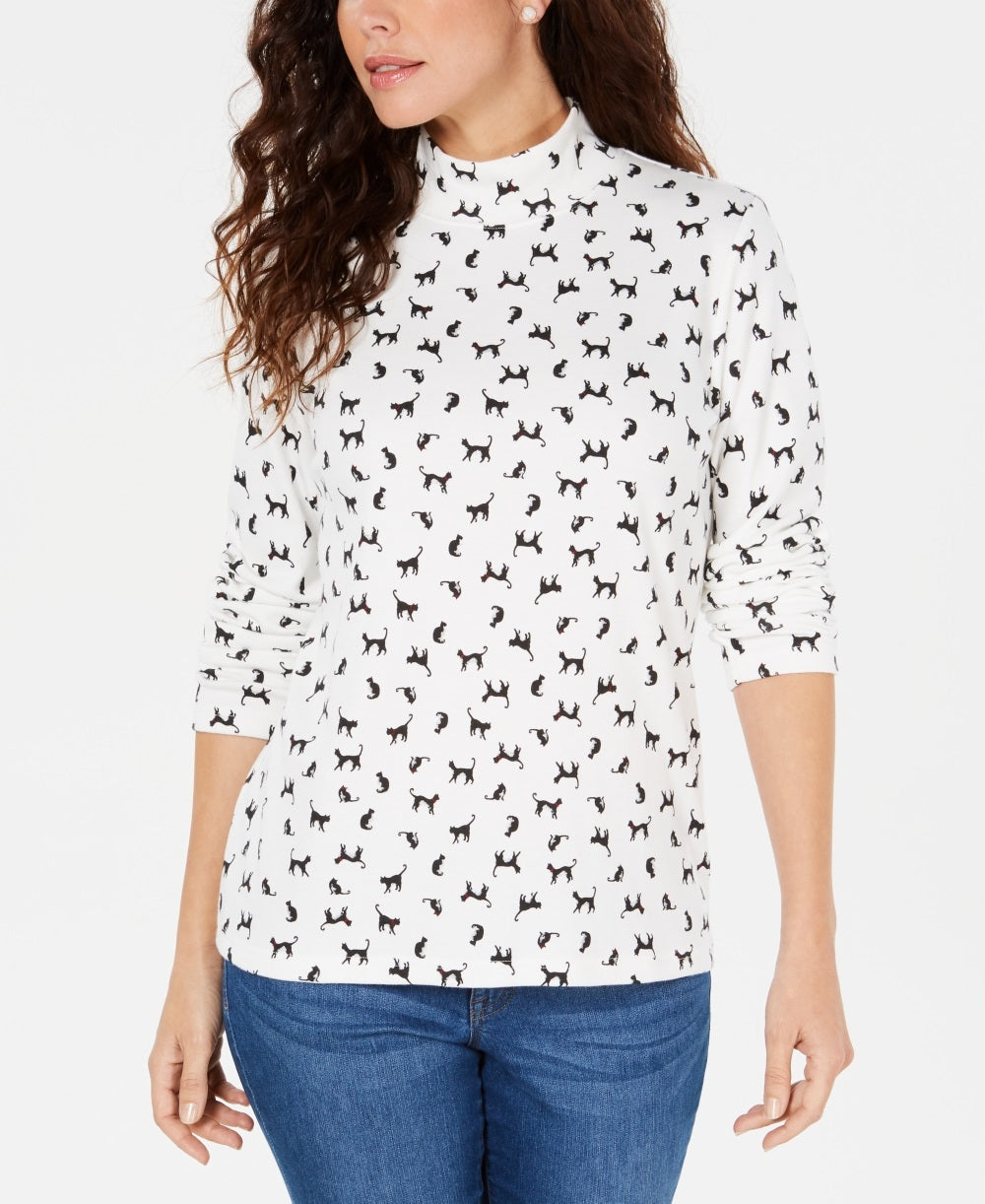Karen Scott Women's Floral Print Mock Neck Top White Size PL