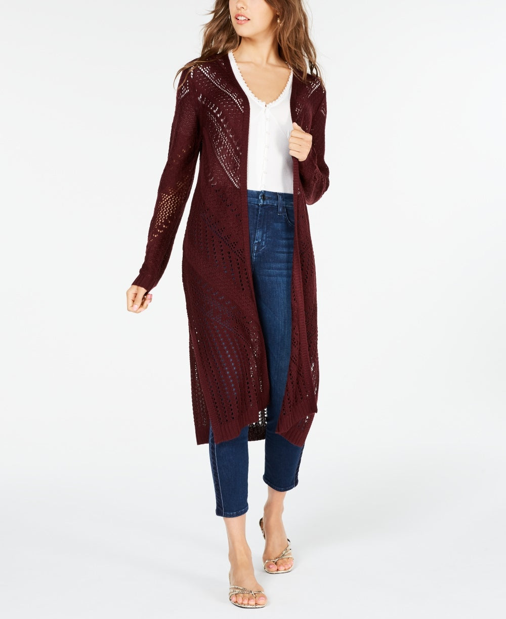 Hooked Up By IOT Juniors' Pointelle Open-Front Duster Cardigan Red Size Small