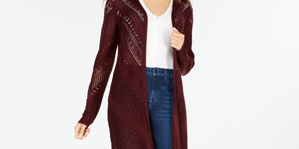Hooked Up By IOT Juniors' Pointelle Open-Front Duster Cardigan Red Size Small