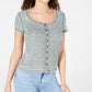 Crave Fame Juniors' Button-Front Waffle T-Shirt Green Size Large
