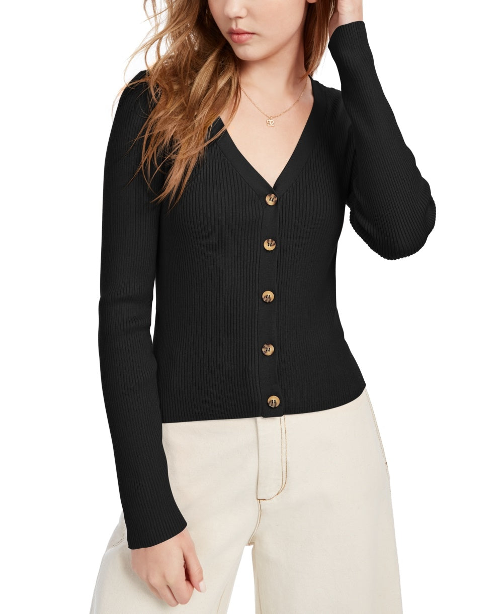 Ultra Flirt Juniors' Cropped Ribbed Cardigan Sweater Black Size X-Small