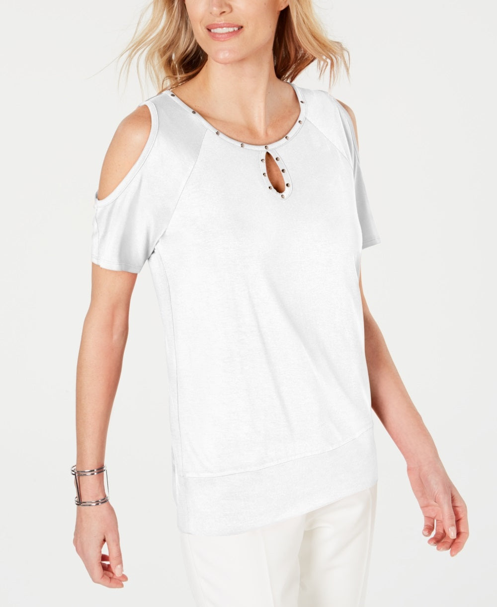 JM Collection Women's Studded Cold Shoulder Top  White Size Small