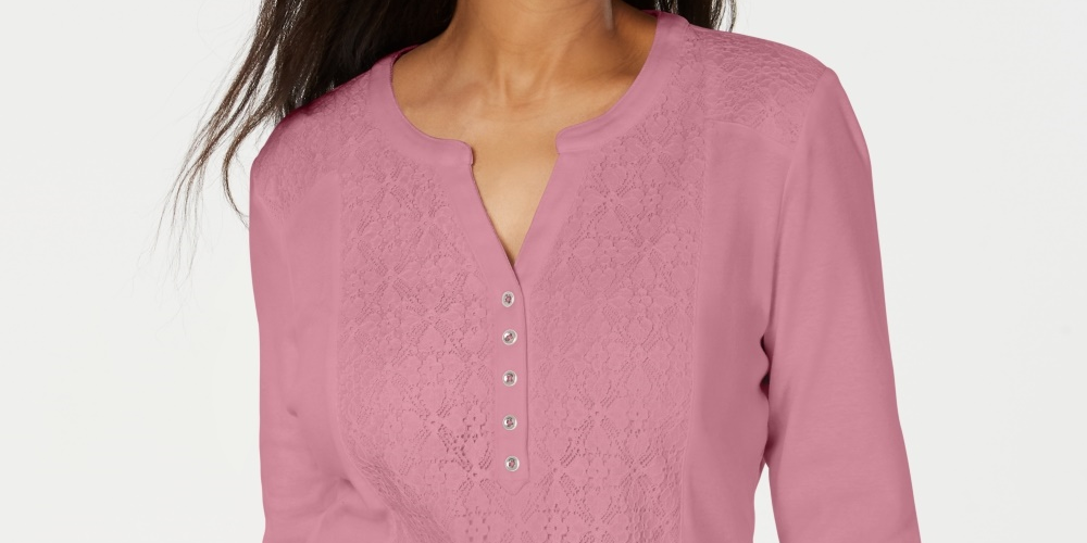 Karen Scott Women's Pink Lace Solid 3/4 Sleeve With Buttons Tunic Top Pink Size  Petite S