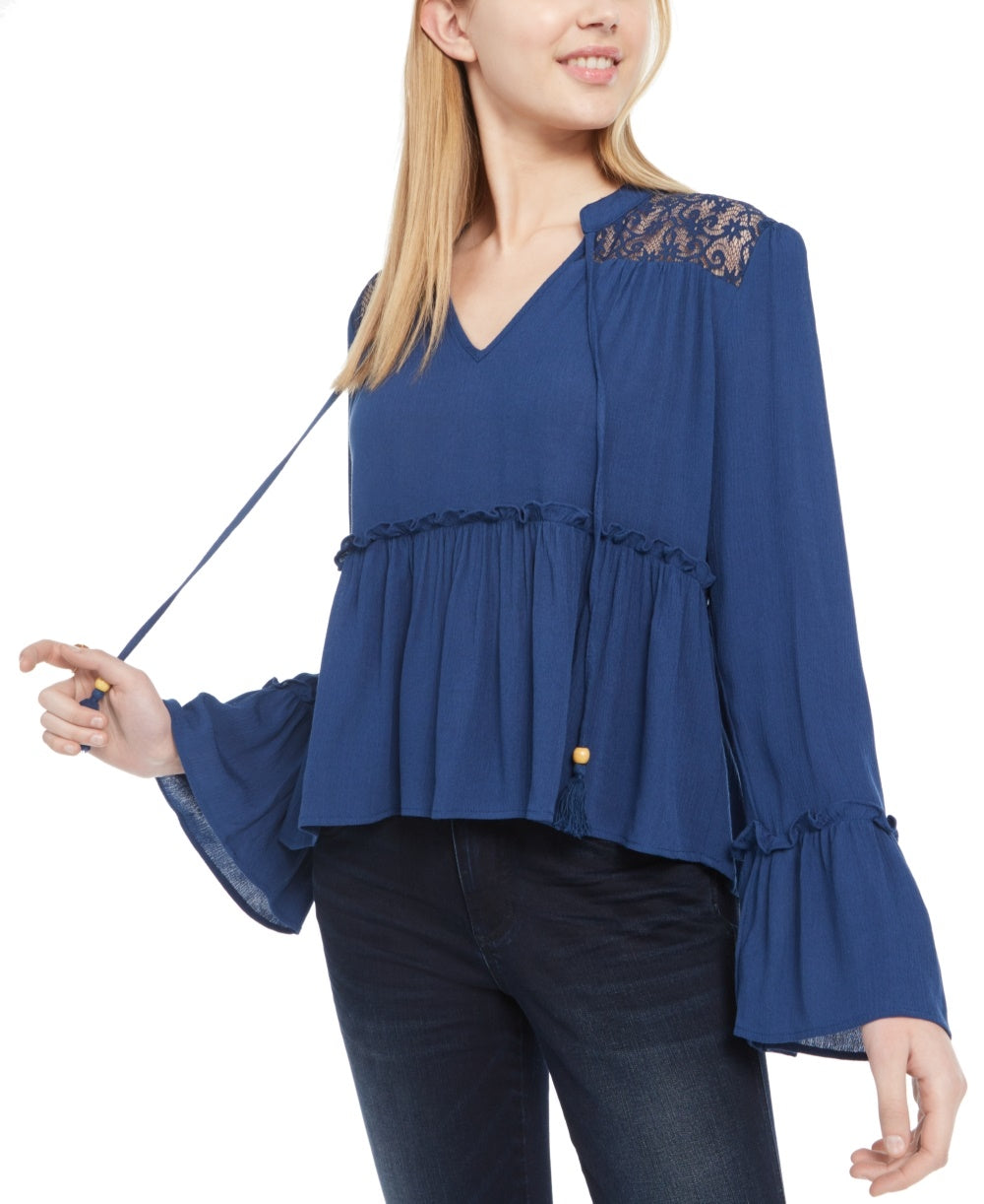 Gypsies & Moondust Juniors' Lace-Shoulder Top Navy Size X Small