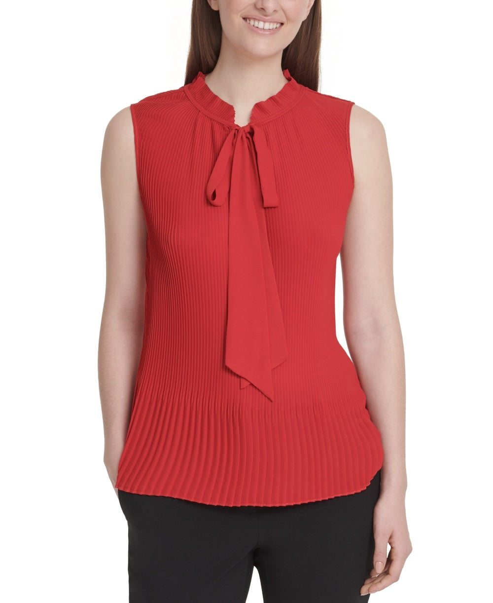 DKNY Women's Sleeveless Pleated Tie Neck Top Red Size X-Large