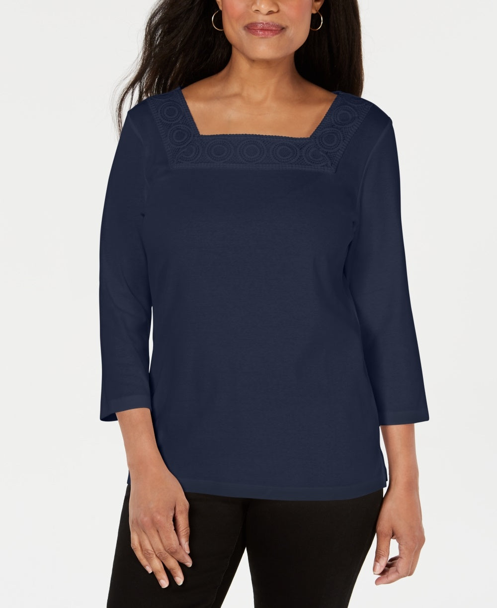 Karen Scott Women's Crochet Square-Neck Top Navy Size Medium