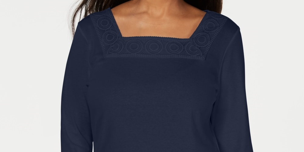 Karen Scott Women's Crochet Square-Neck Top Navy Size Medium