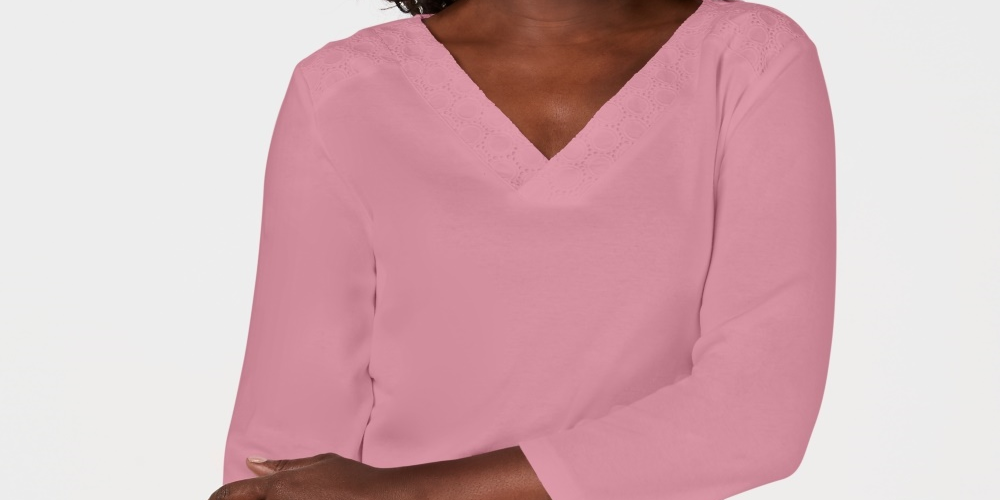 Karen Scott Women's Eyelet V Neck Cotton Top Pink Size Petite Medium
