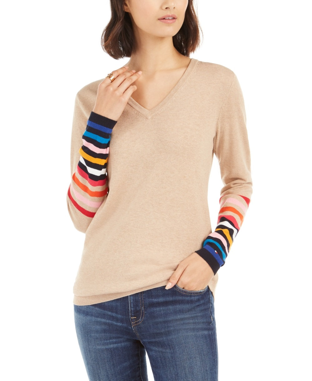 Tommy Hilfiger Women's Cotton Striped Sweater Brown Size X-Large