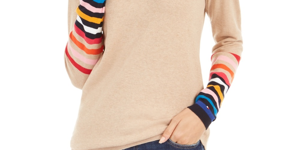 Tommy Hilfiger Women's Cotton Striped Sweater Brown Size X-Large