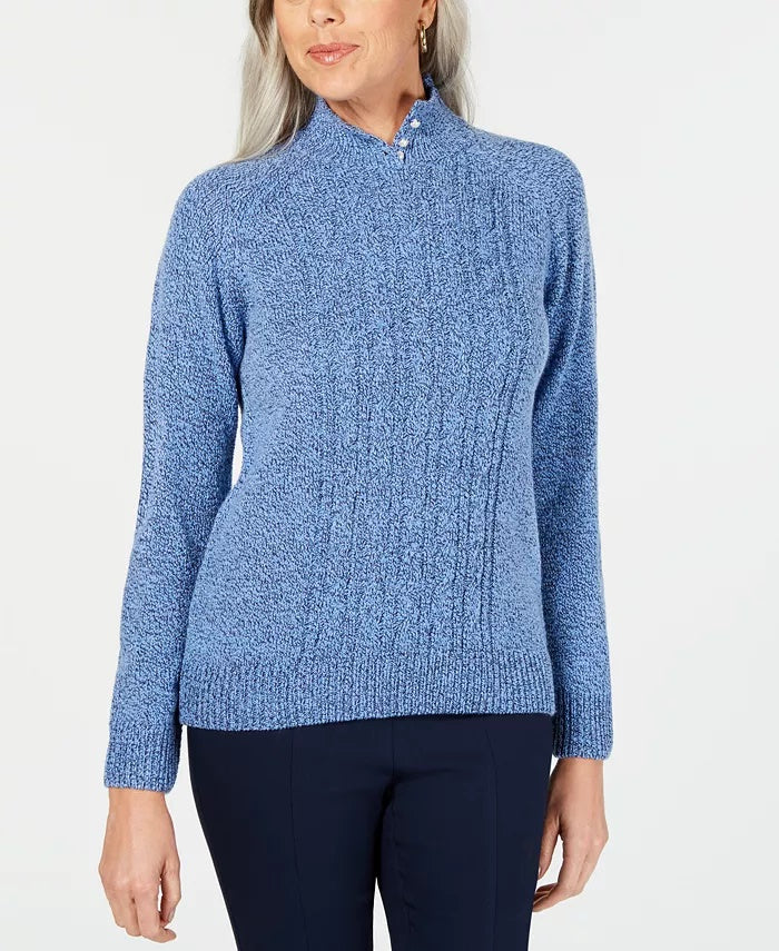 Karen Scott Women's Petite Mock-Neck Cable-Knit Sweater Blue Size Medium