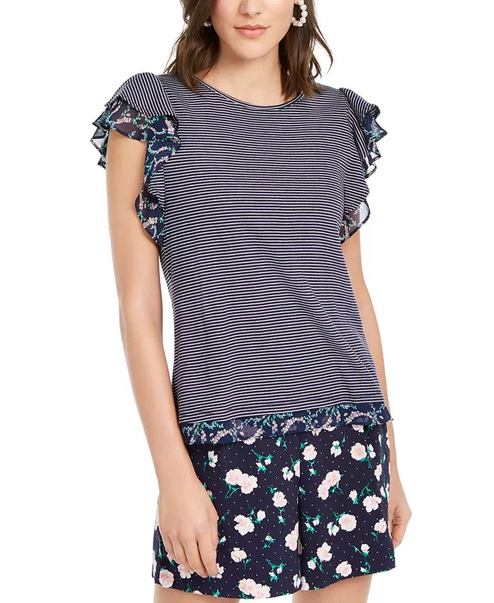 Maison Jules Women's Garden Flutter-Sleeve Top Blue Size Medium