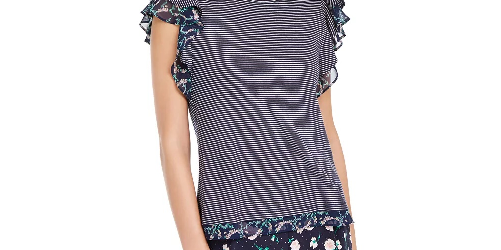 Maison Jules Women's Garden Flutter-Sleeve Top Blue Size Medium