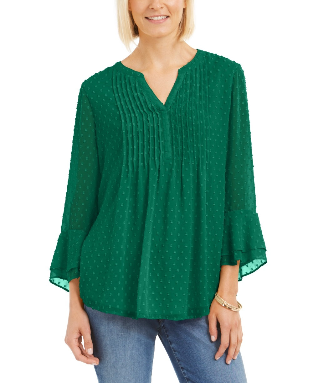 Charter Club Women's Double Ruffle Textured Pintuck Top Green Size Medium