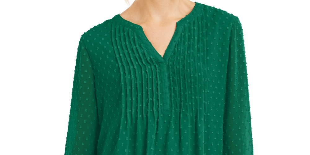 Charter Club Women's Double Ruffle Textured Pintuck Top Green Size Medium