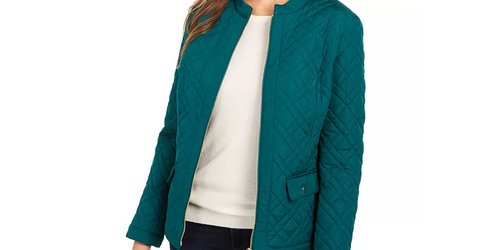Charter Club Women's Quilted Mandarin-Collar Jacket Green Size X-Small