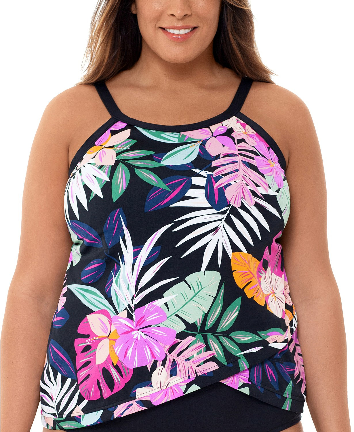 Swim Solutions Women's Deco Floral Underwire Tankini Top Black Size 24W