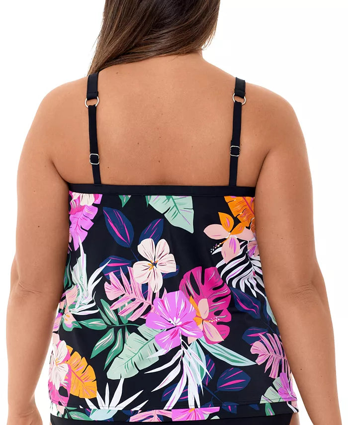 Swim Solutions Women's Deco Floral Underwire Tankini Top Black Size 24W