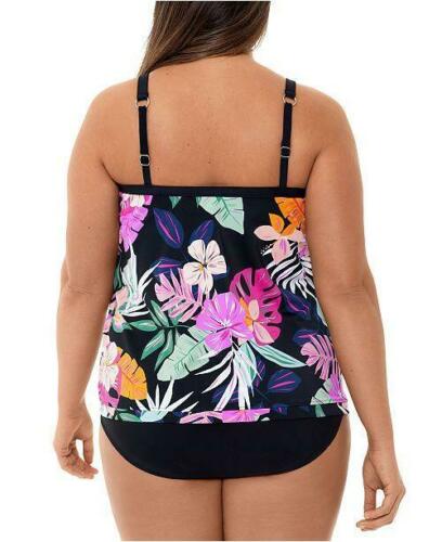 Swim Solutions Women's Deco Floral Underwire Tankini Top Black Size 24W