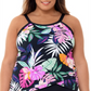 Swim Solutions Women's Deco Floral Underwire Tankini Top Black Size 24W