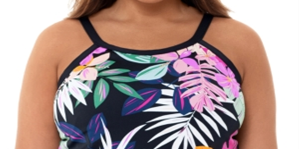 Swim Solutions Women's Deco Floral Underwire Tankini Top Black Size 24W