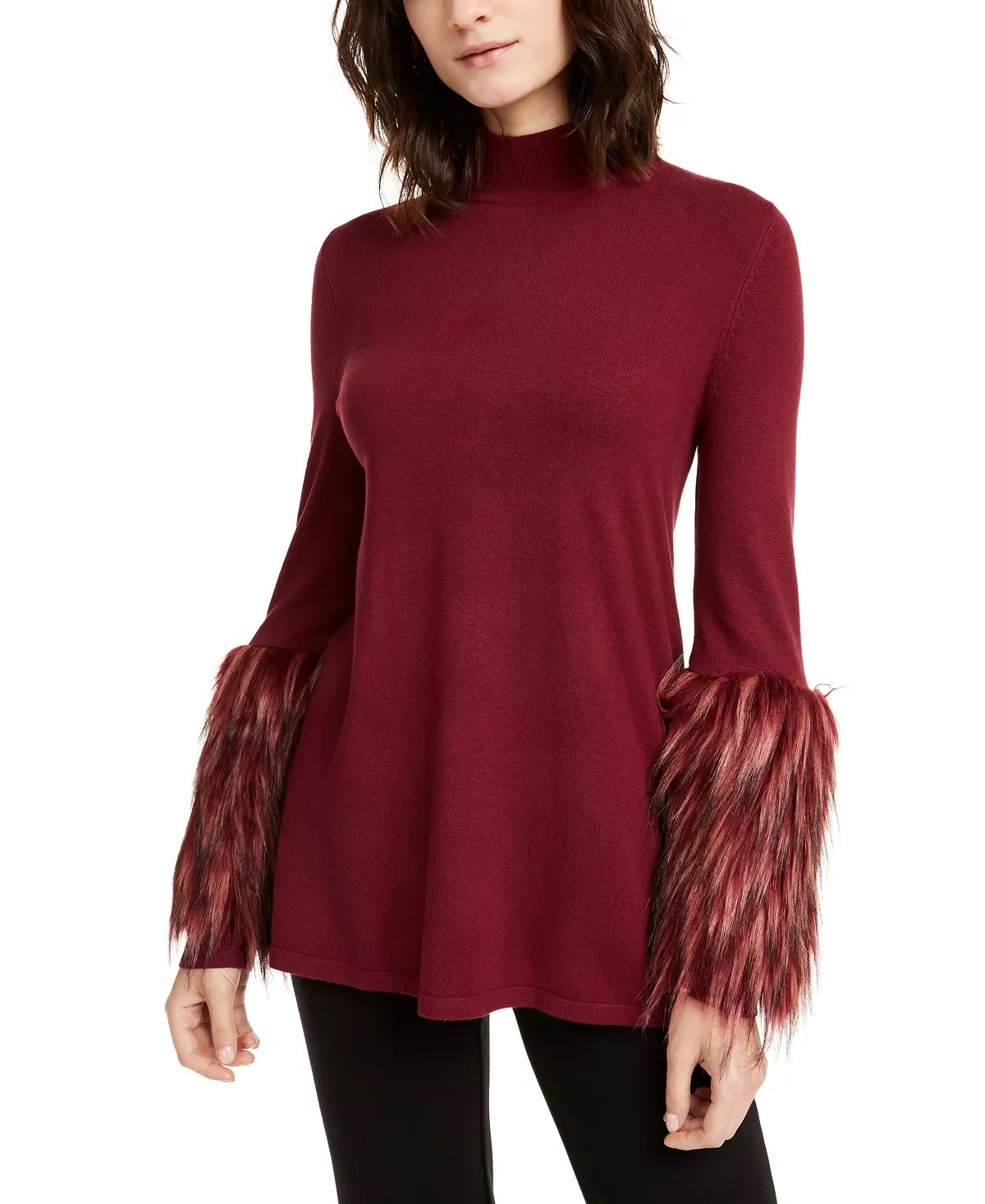 Alfani Women's Petite Mock-Neck Sweater With Faux-Fur Cuffs Wine Size PL