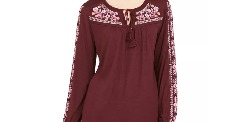 Style & Co Women's Embroidered Tie-Neck Top Wine X-Large