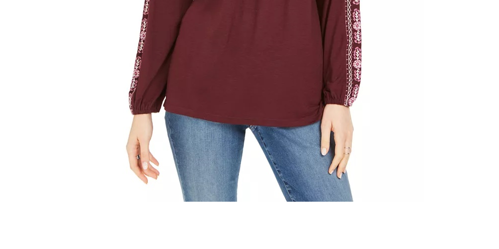 Style & Co Women's Embroidered Tie-Neck Top Wine X-Large