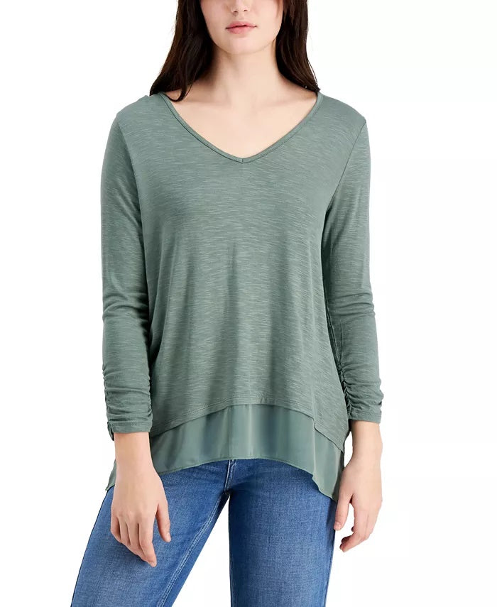 Style & Co Women's V-Neck Chiffon-Hem Top Green  Size Small