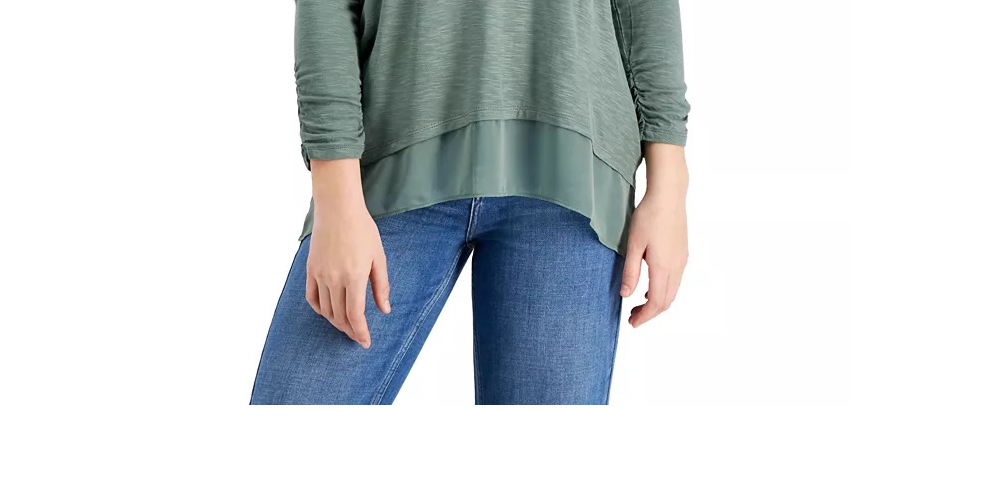 Style & Co Women's V-Neck Chiffon-Hem Top Green  Size Small