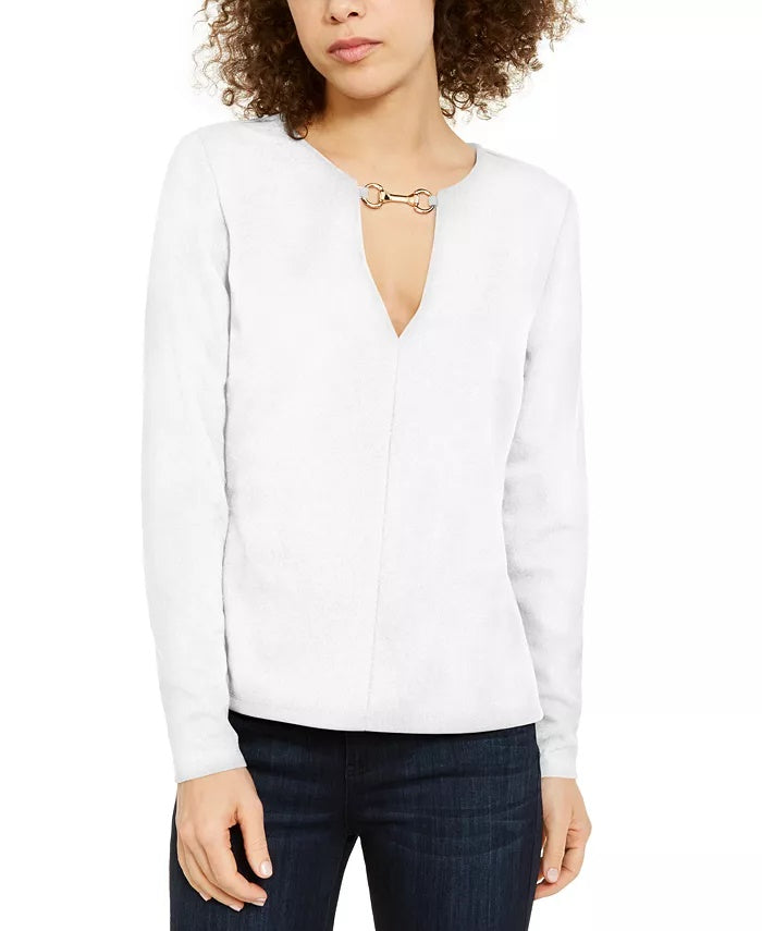 INC International Concepts Women's V-Neck Hardware Top White Size X-Small
