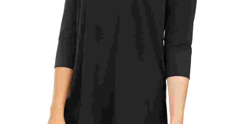 Alfani Women's Cut Out Shoulders Solid 3/4 Sleeve V Neck Top Black Size Large