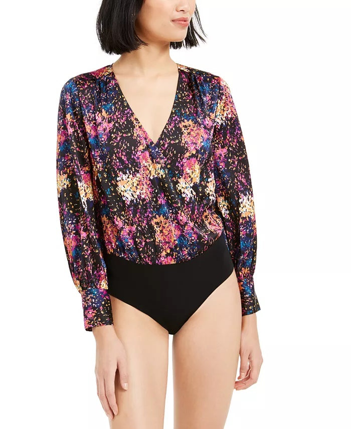 Bar III Women's Confetti Printed Surplice Bodysuit Black Size XX-Large