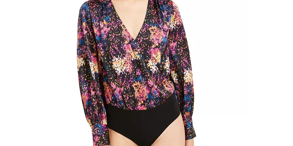 Bar III Women's Confetti Printed Surplice Bodysuit Black Size XX-Large