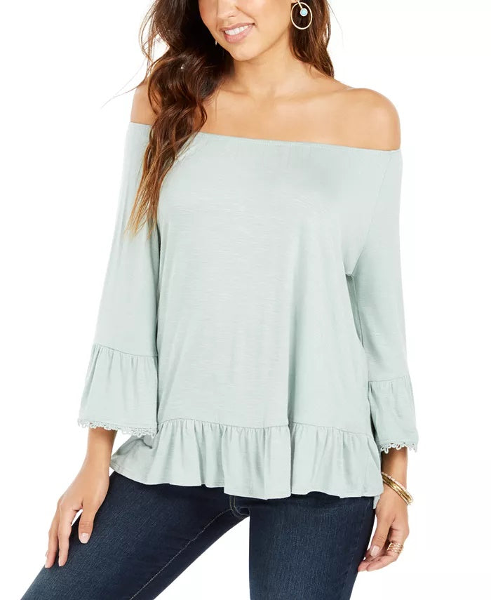 Style & Co Women's Off-The-Shoulder Bell-Sleeve Top Industrial Blue Size X-Large