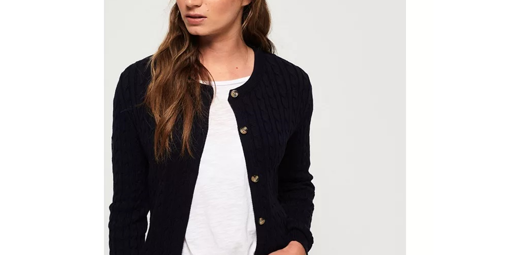 Superdry Women's Croyde Bay Cable Knit Cardigan Sweater Navy Size 4