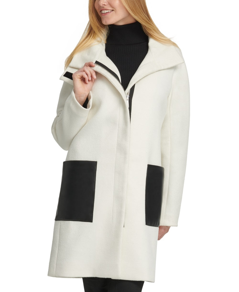 DKNY Women's Stand Collar Faux Leather Pocket Coat White Size X-Small