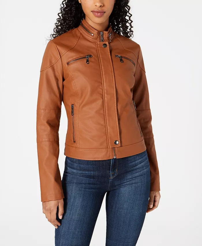 Maralyn & Me Juniors' Faux-Leather Moto Jacket Brown Size Large
