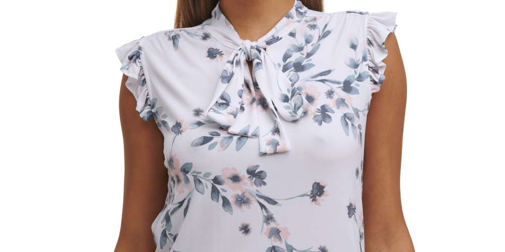 Calvin Klein Women's Printed Tie-Neck Top White Size X-Small