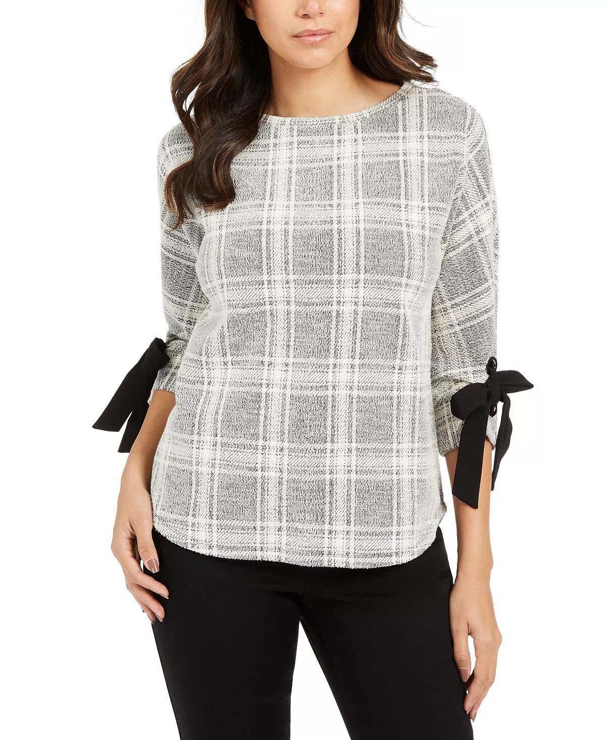 Charter Club Women's Petite Plaid Tie-Cuff Top Black Size Small