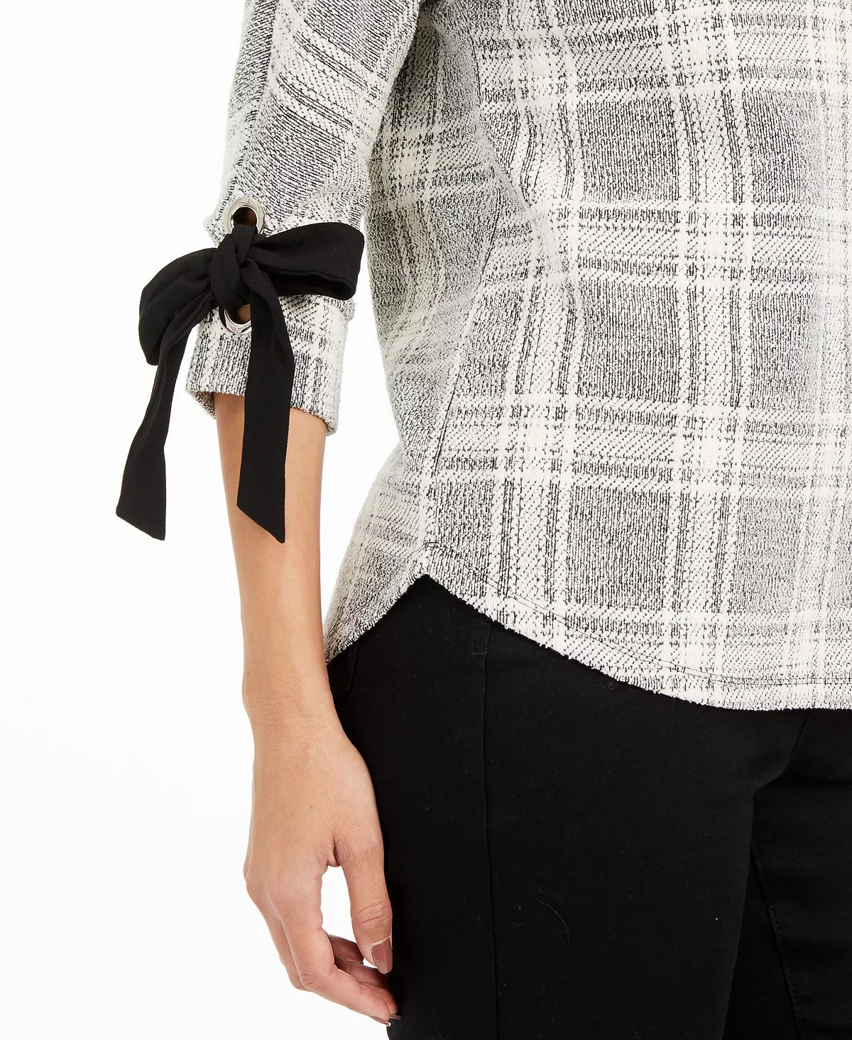 Charter Club Women's Petite Plaid Tie-Cuff Top Black Size Small