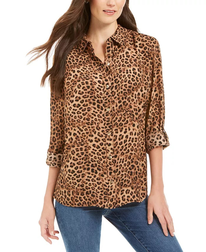 Charter Club Women's Petite Printed Roll-Tab-Sleeve Top Beige Size Petite XL