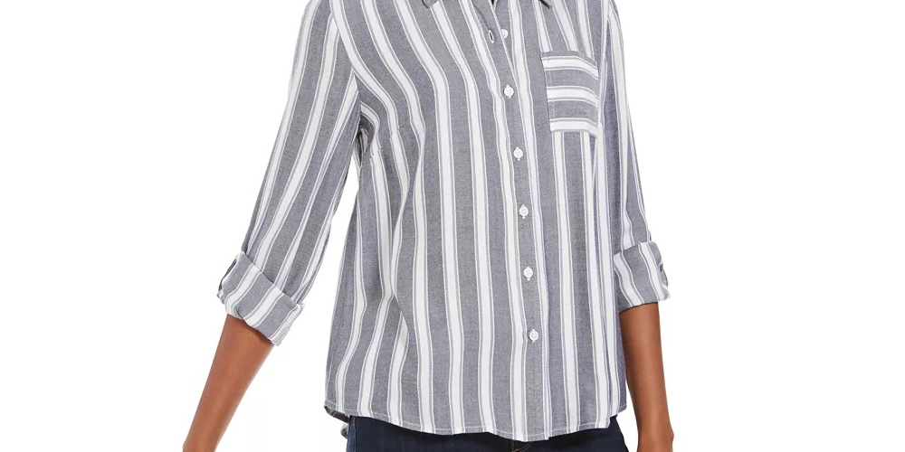 Style & Co Women's Striped Utility Shirt Grey Size X-Large