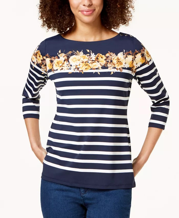 Charter Club Women's Striped And Floral-Print Top Yellow Size Medium