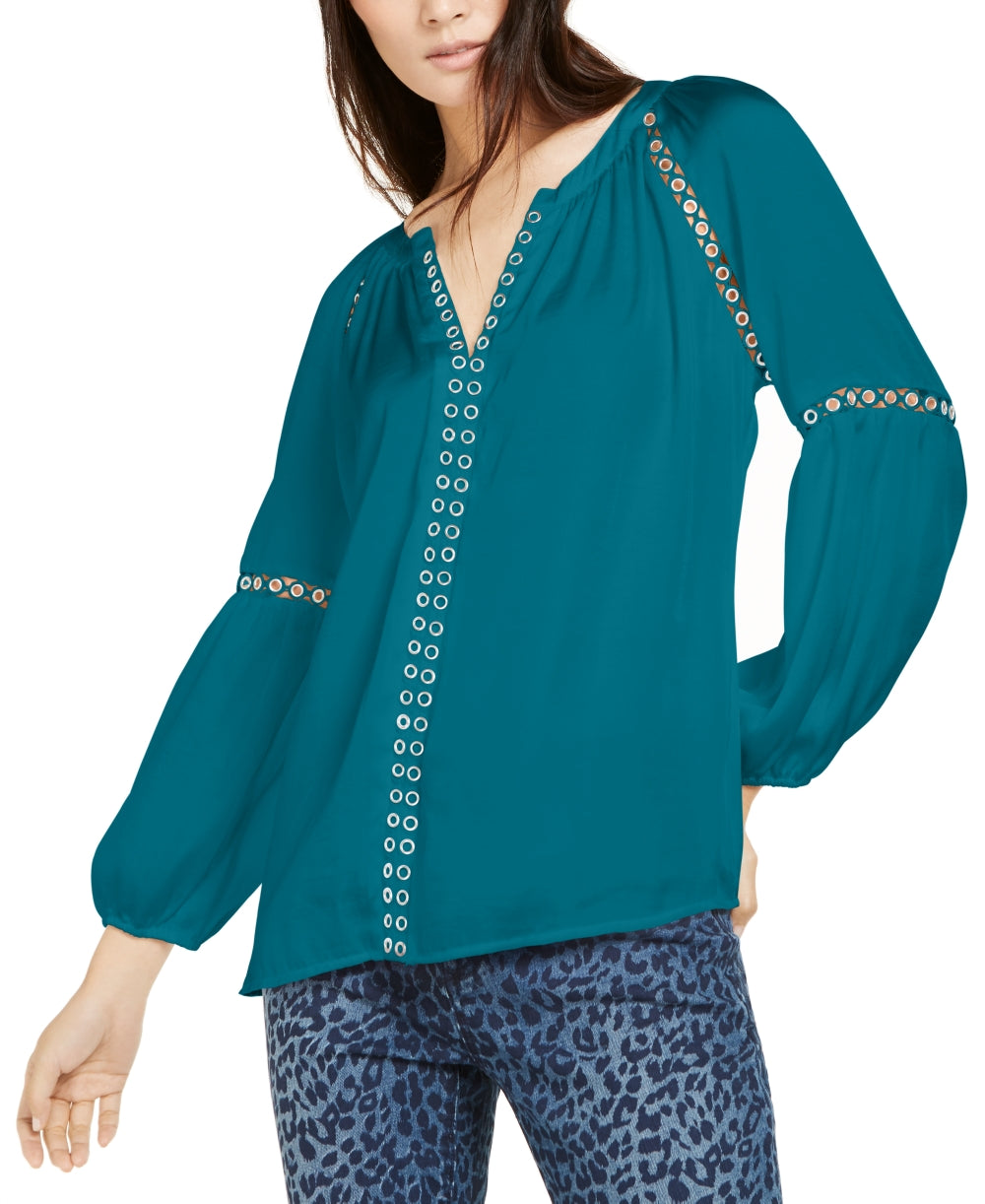 INC International Concepts Women's Grommet-Trim Peasant Blouse Green Size Large