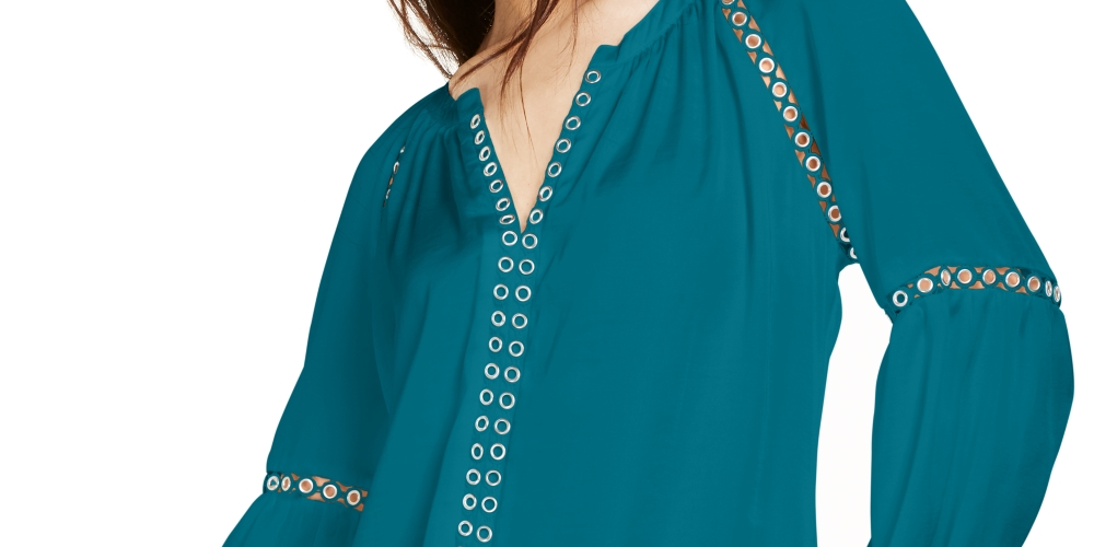 INC International Concepts Women's Grommet-Trim Peasant Blouse Green Size Large
