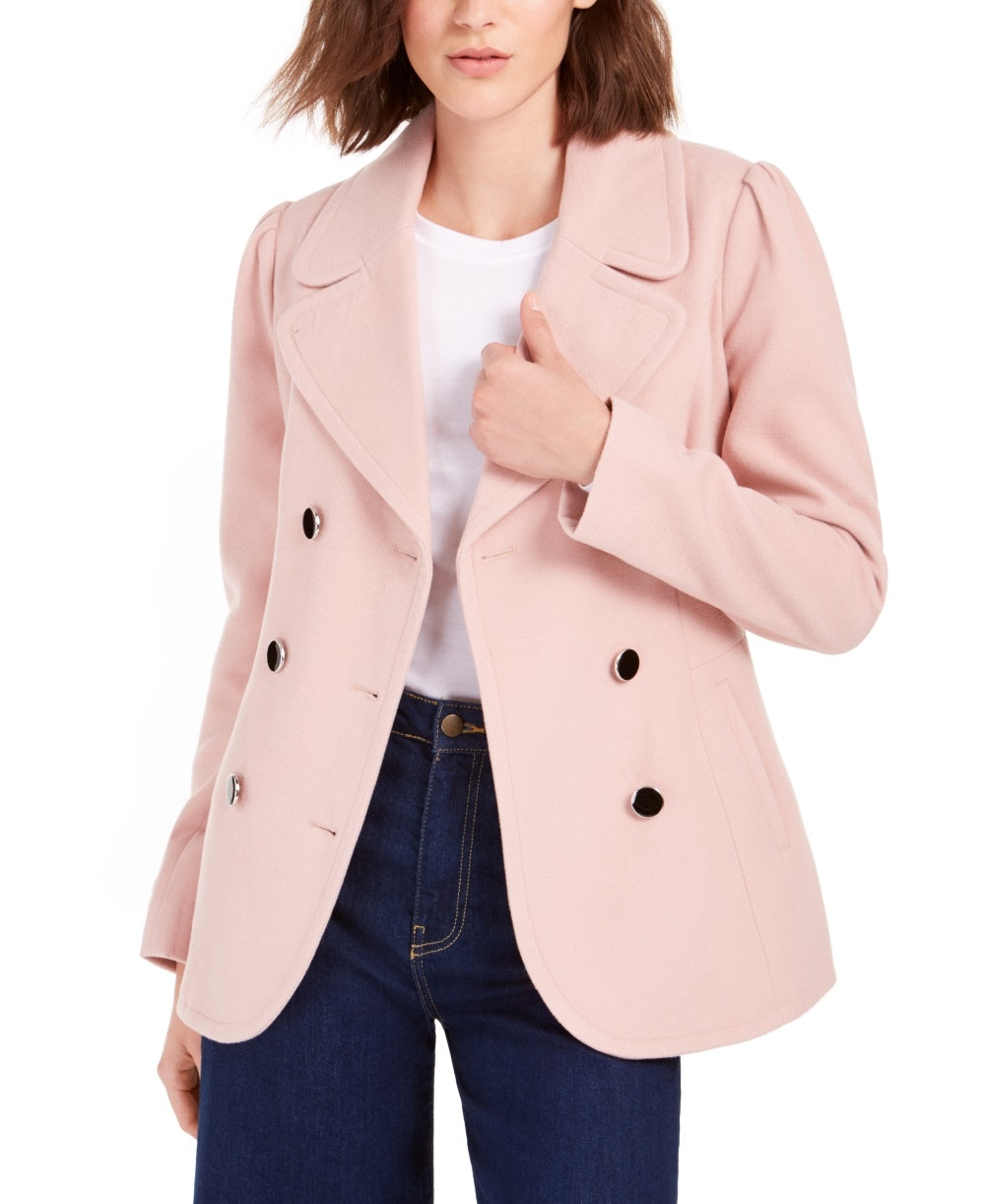 Maison Jules Women's Double-Breasted Notched Collar Pea Coat Pink Size Medium
