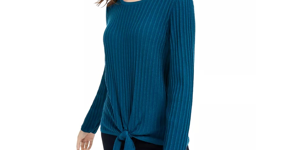 INC International Concepts Women's Ribbed Knotted Sweater Turquoise Size Large